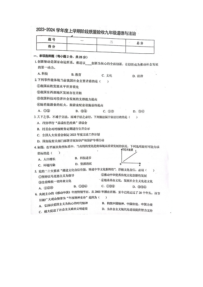 吉林省双辽市2023-2024学年九年级上学期12月期末道德与法治试题01