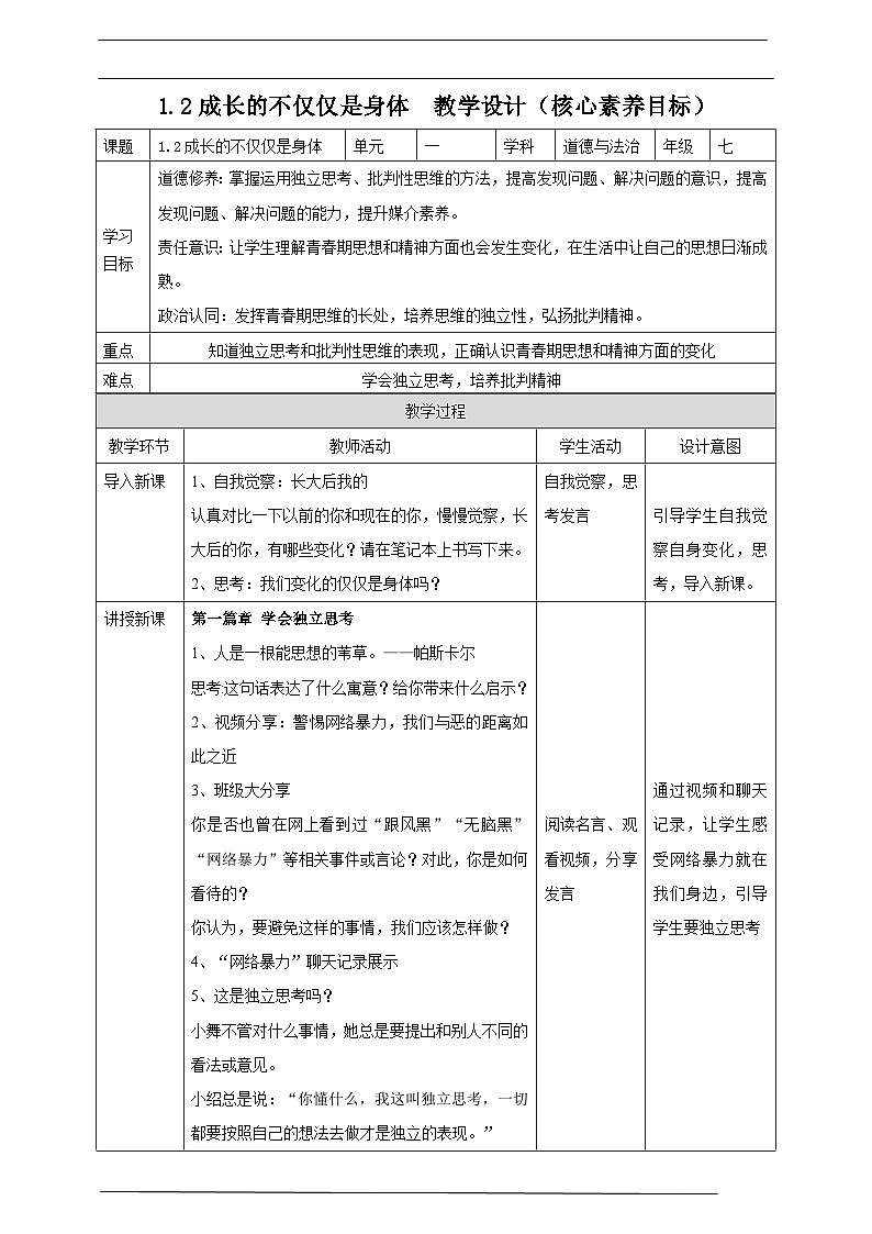 【核心素养目标】1.2成长的不仅仅是身体 (教案)第1页