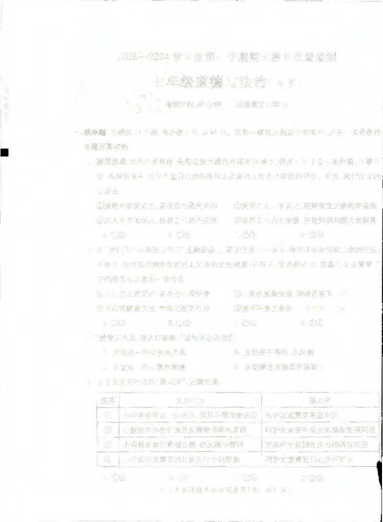 安徽省蚌埠市蚌山区2023-2024学年七年级上学期1月期末道德与法治试题01