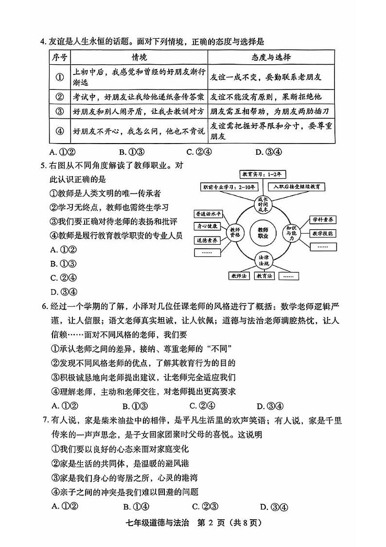 2024丰台初一(上)期末道法试卷和答案第2页