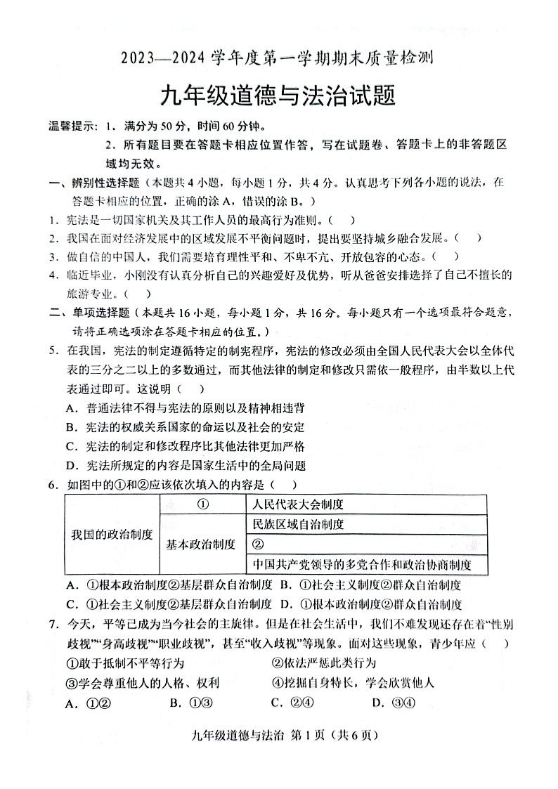 山东省菏泽市单县2023-2024学年九年级上学期1月期末道德与法治试题01