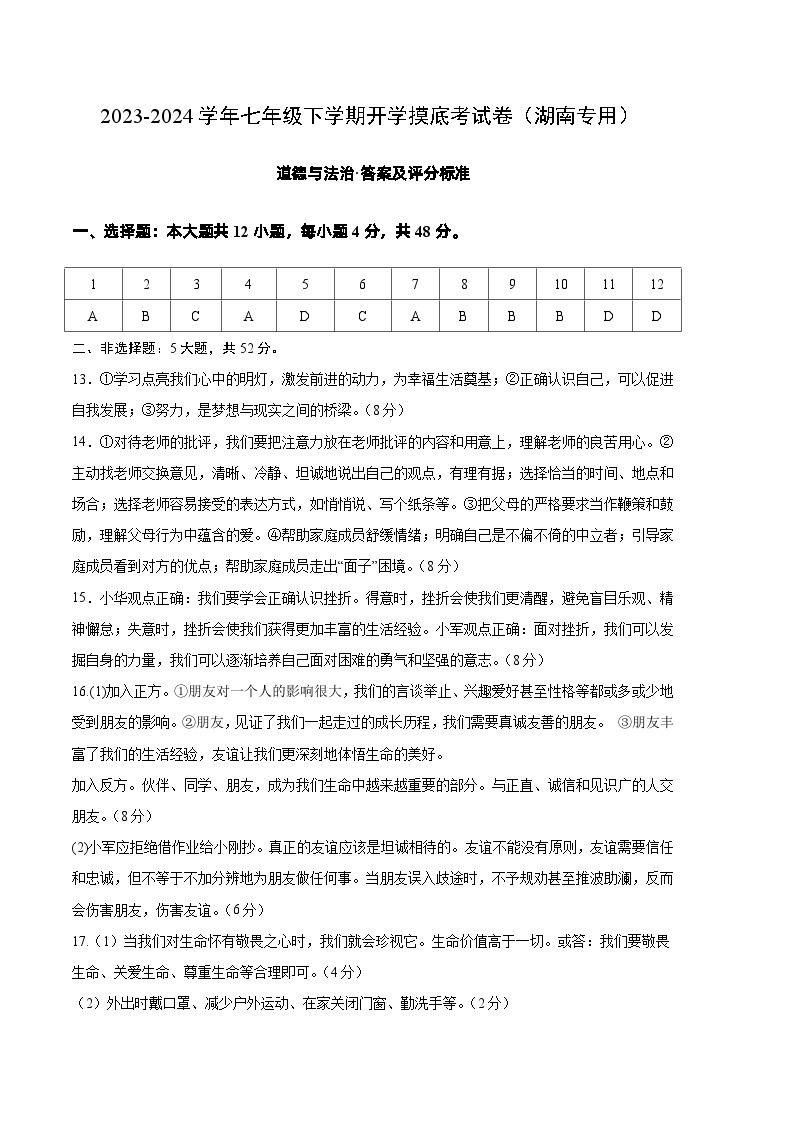 【开学摸底考】七年级道德与法治试卷（湖南专用）-2023-2024 学年初中下学期开学摸底考试卷.zip01