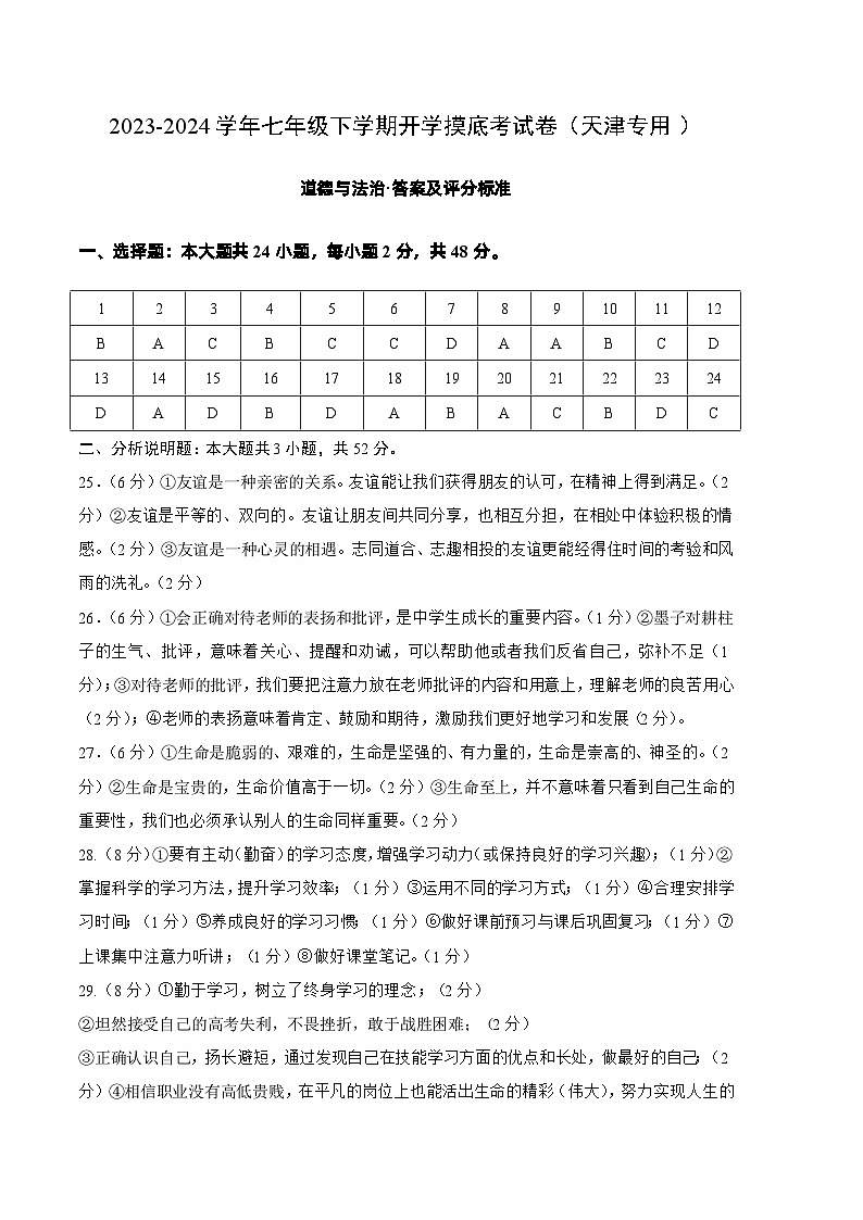 七年级道德与法治开学摸底考试卷(天津专用)(答案及评分标准)第1页