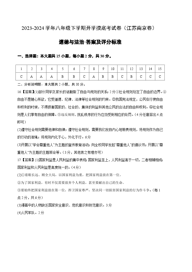 【开学摸底考】八年级道德与法治（江苏南京专用）-2023-2024 学年初中下学期开学摸底考试卷.zip01