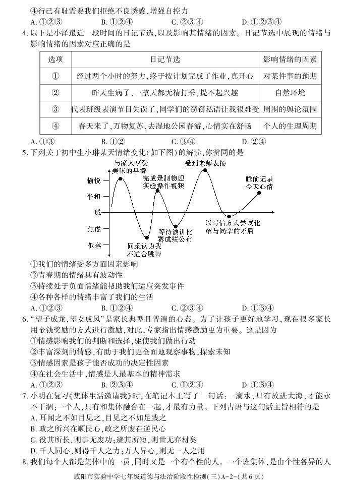 陕西省咸阳市实验中学2022-2023学年七年级下学期阶段检测（月考）（三）道德与法治试题02