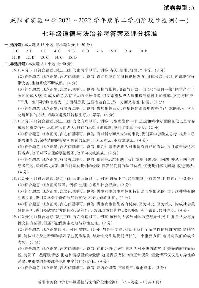 陕西省咸阳市实验中学2021-2022学年七年级下学期阶段检测（月考）（一）道德与法治试题01