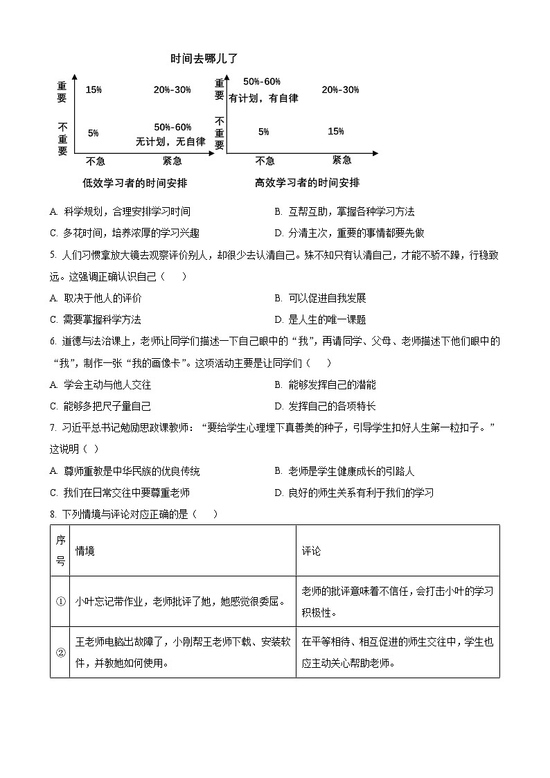 湖北省荆州市沙市2023-2024学年七年级上学期期末道德与法治试题(原卷+解析)02