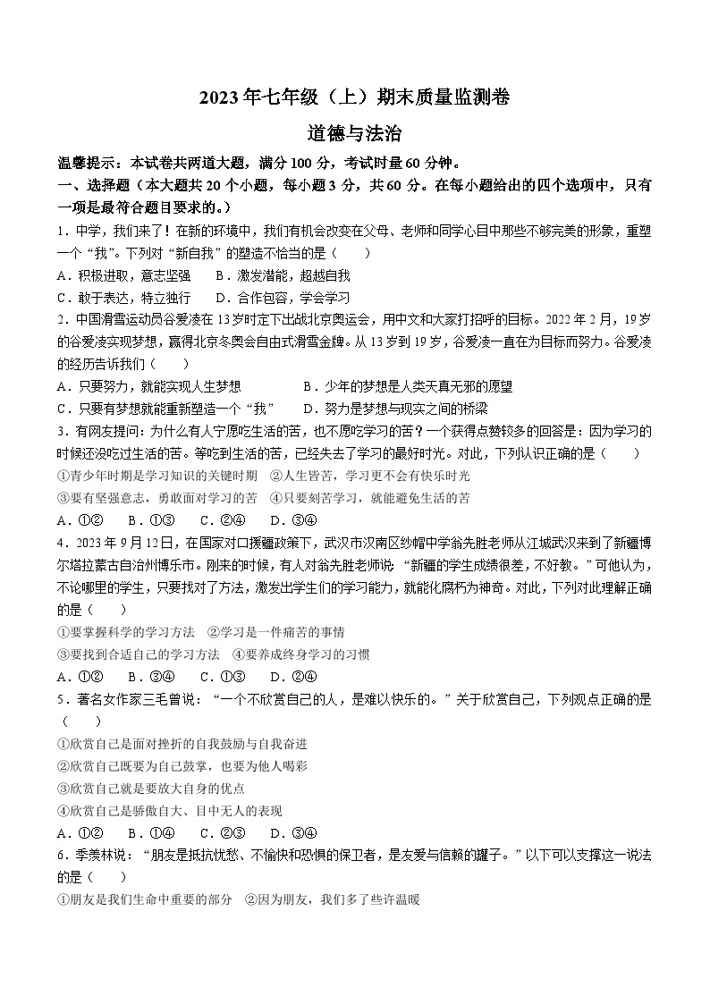 湖南省邵阳市邵阳县2023-2024学年七年级上学期期末道德与法治试题01