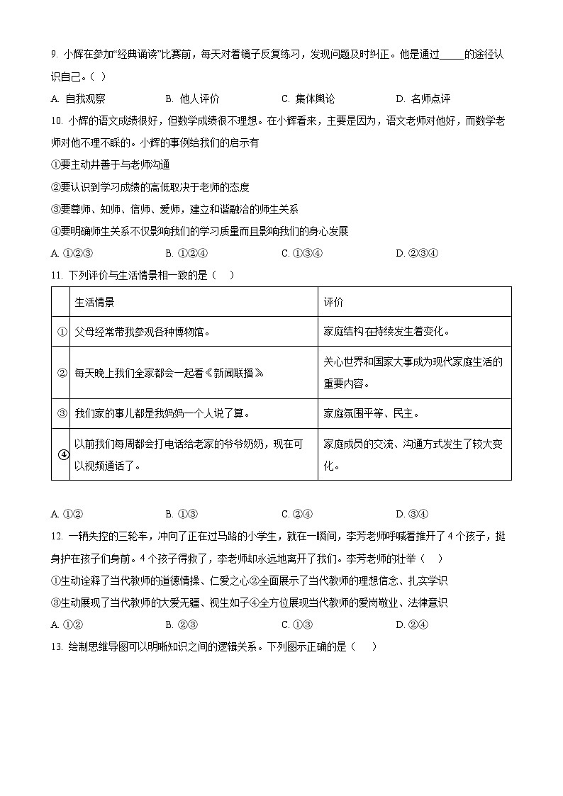 精品解析:山东省菏泽市定陶区2023-2024学年七年级上学期期末道德与法治试题(原卷版)第3页