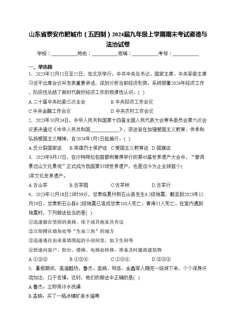 山东省泰安市肥城市(五四制)2024届九年级上学期期末考试道德与法治试卷(含答案)第1页