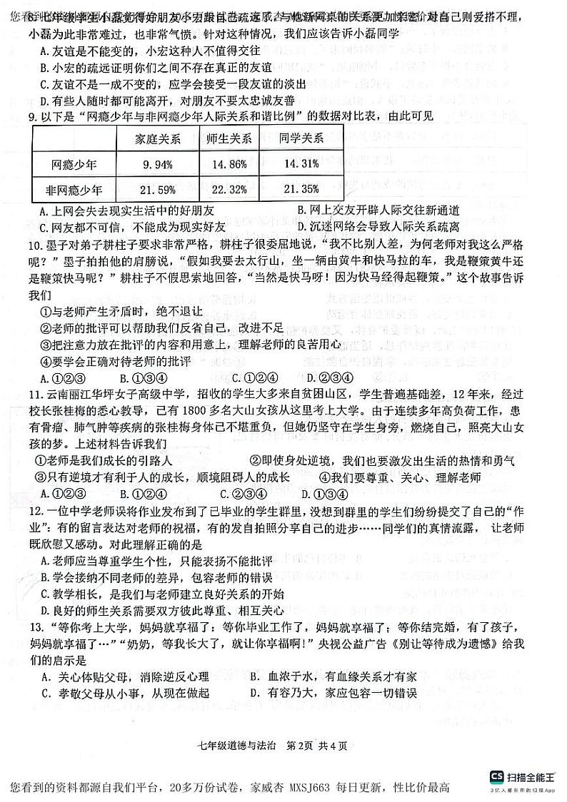 ,广东省鹤山市2023-2024学年七年级上学期期末道德与法治试卷第2页