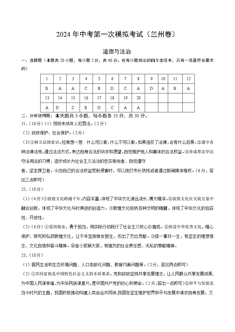 2024年初三中考第一次模拟考试试题:道德与法治(兰州卷)(参考答案及评分标准)01