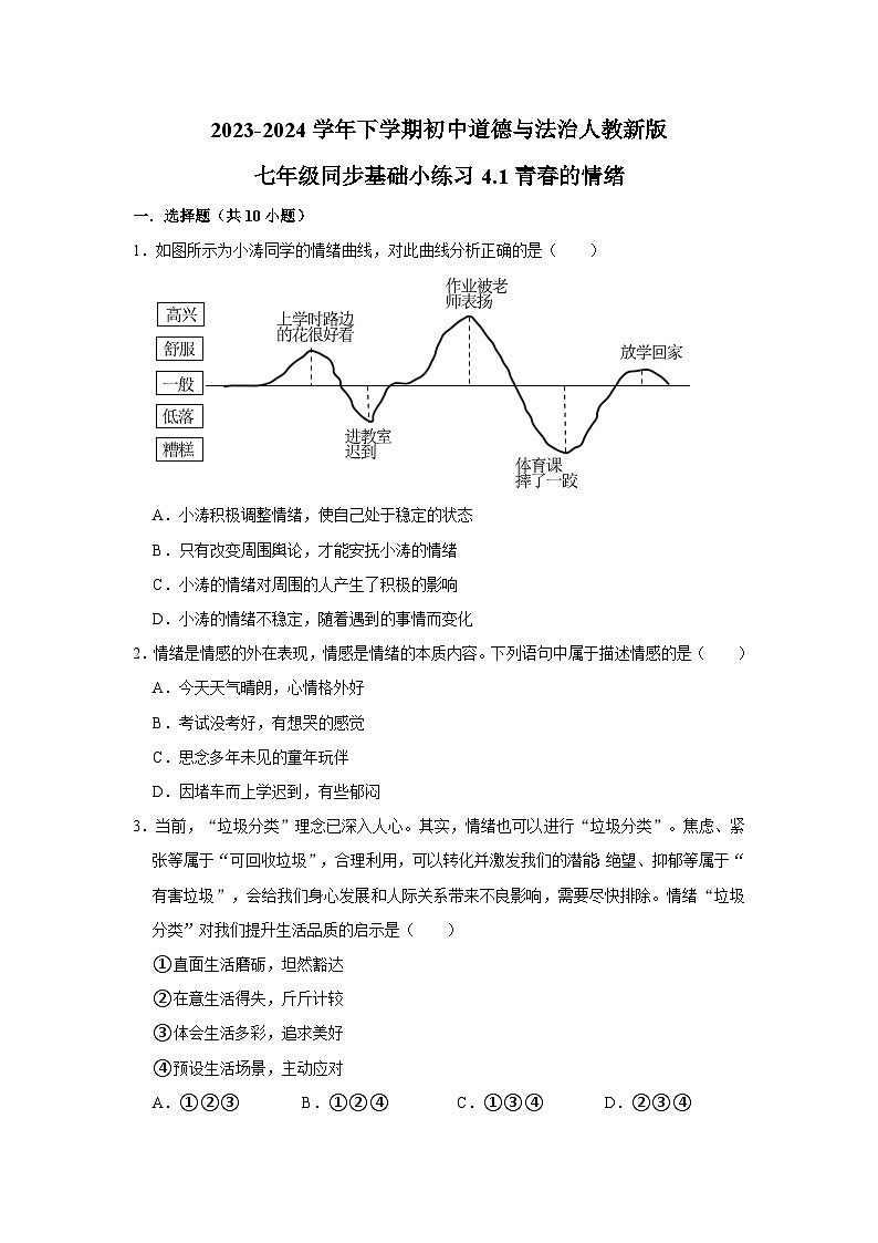 2023-2024学年下学期初中道德与法治人教新版七年级同步基础小练习4.1青春的情绪第1页