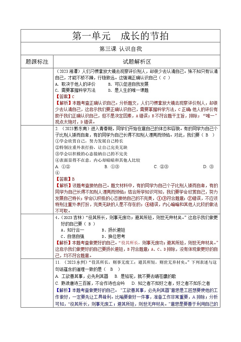 2023年中考道德与法治真题分类汇编(七年级上册)---发现自己第1页