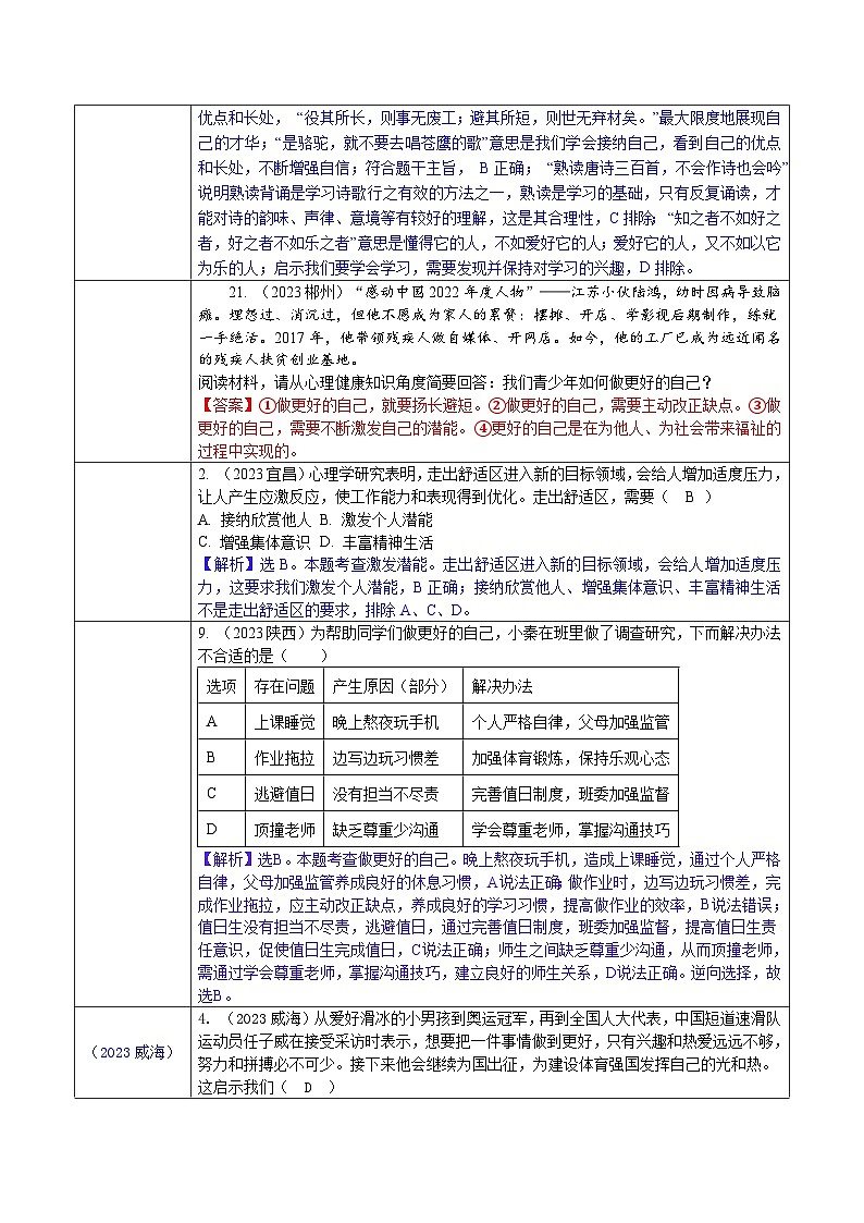 2023年中考道德与法治真题分类汇编(七年级上册)---发现自己第2页