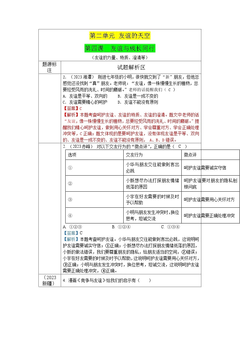 2023年中考道德与法治真题分类汇编（七年级上册）---友谊与成长同行01