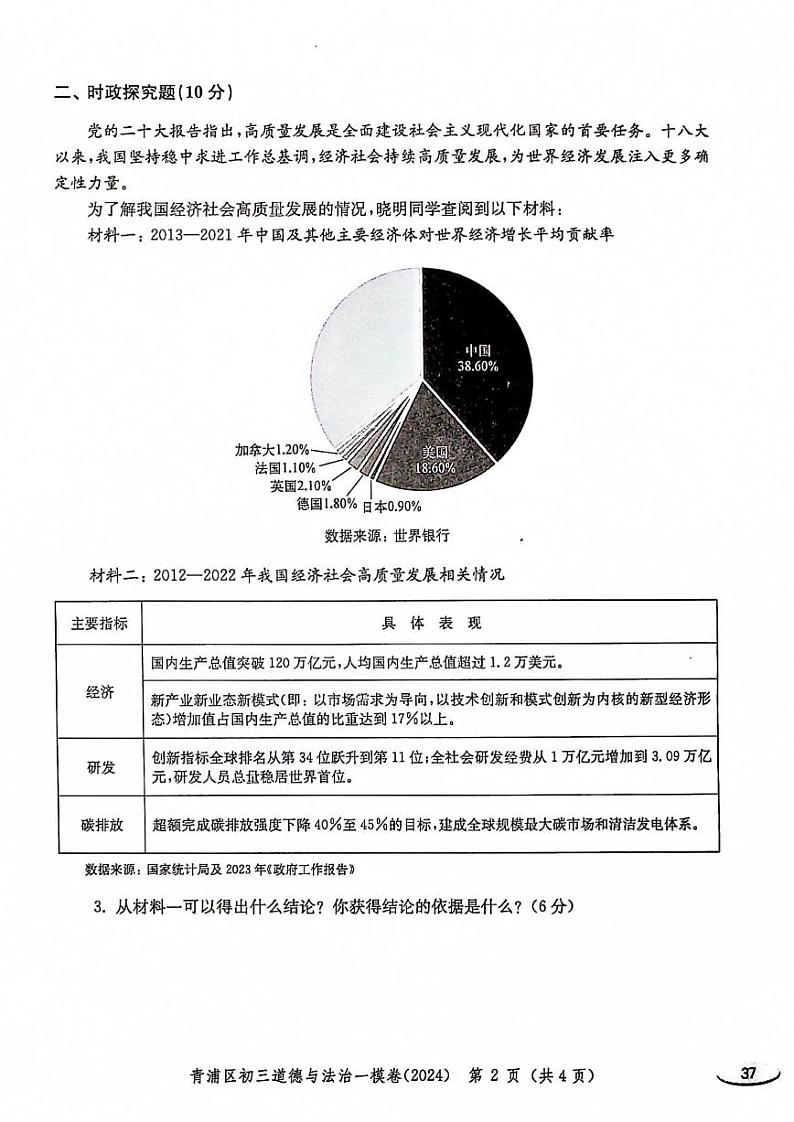 2024年上海市青浦区中考一模道德与法治试卷02