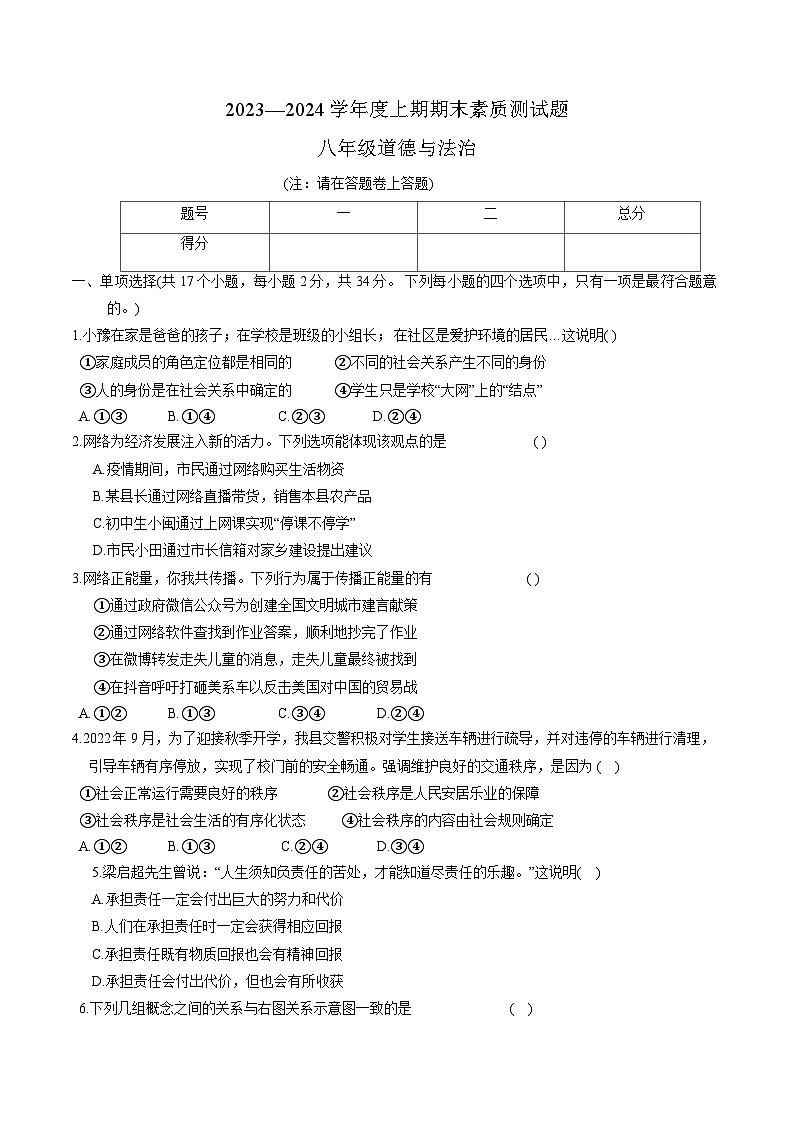 河南省驻马店市泌阳县2023-2024学年八年级上学期1月期末 道德与法治试题第1页
