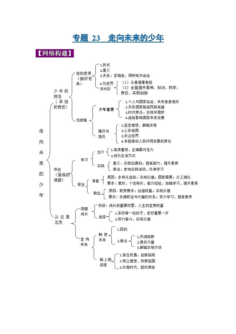 中考道德与法治一轮复习考点巩固练习 专题23 走向未来的少年(含解析)第1页