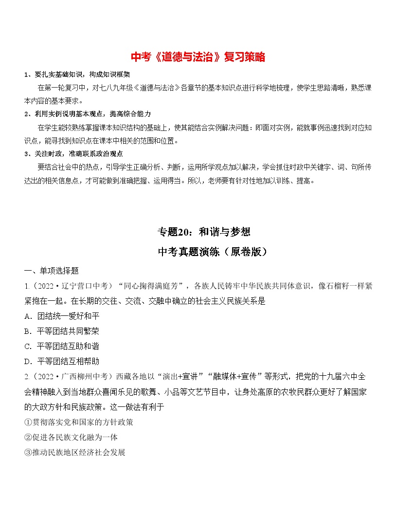 最新中考道法一轮大单元复习精讲  专题20：和谐与梦想（中考真题演练） （全国通用）