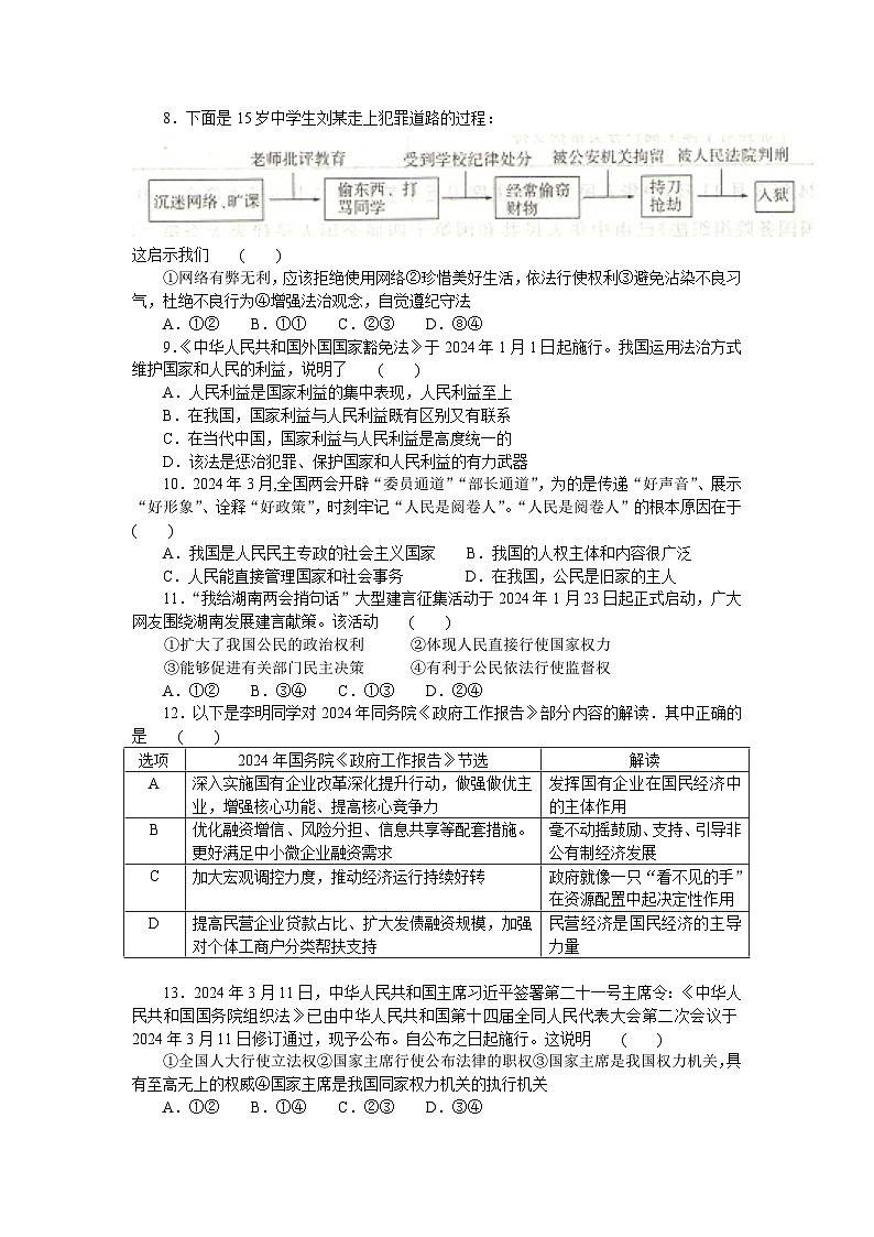 2024年湖南省衡阳市初中学业水平中考适应性考试道德与法治试卷第2页