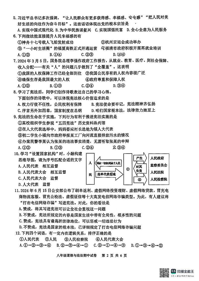 福建省福州市福清市+2023-2024学年八年级下学期4月期中道德与法治试题第2页