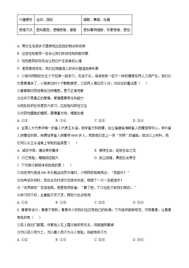 广西壮族自治区南宁市天桃实验学校 2023-2024学年七年级下学期期中道德与法治试题(原卷版)第2页