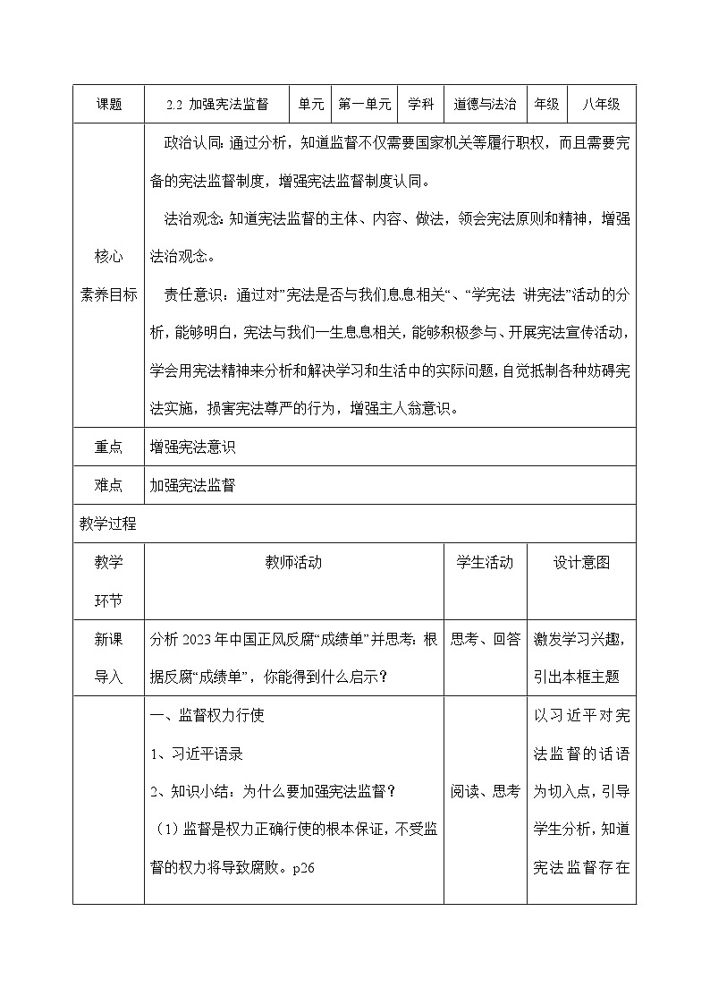 2.2 加强宪法监督 教学设计(表格式)---2023-2024学年统编版道德与法治八年级下册01