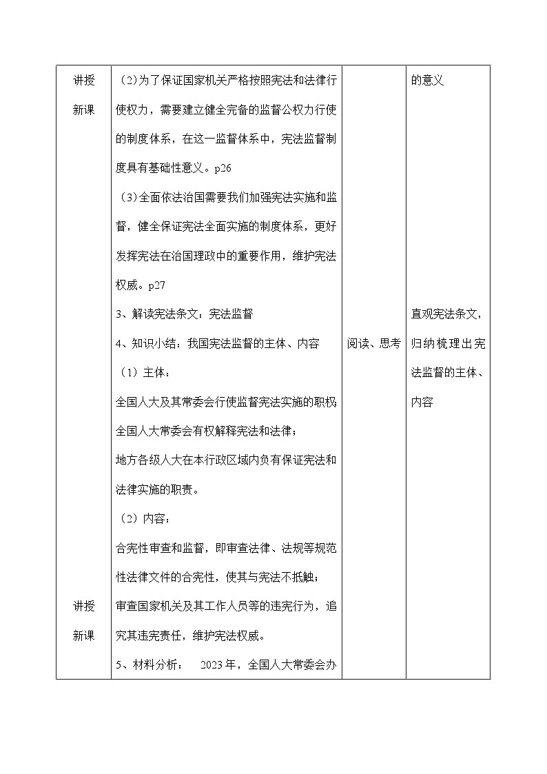 2.2 加强宪法监督 教学设计(表格式)---2023-2024学年统编版道德与法治八年级下册02