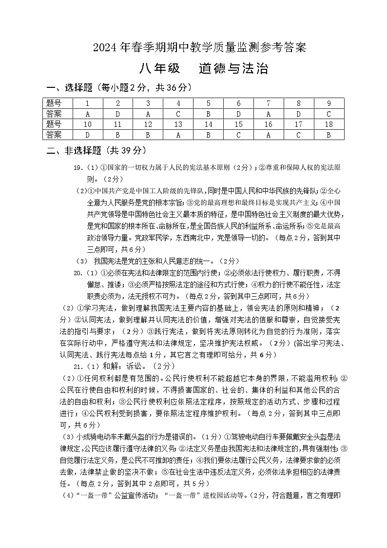 2024年春季期期中教学质量监测参考答案(八年级道德与法治)第1页