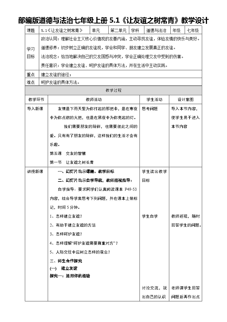 5.1+让友谊之树常青+教学设计部编版道德与法治七年级上册01