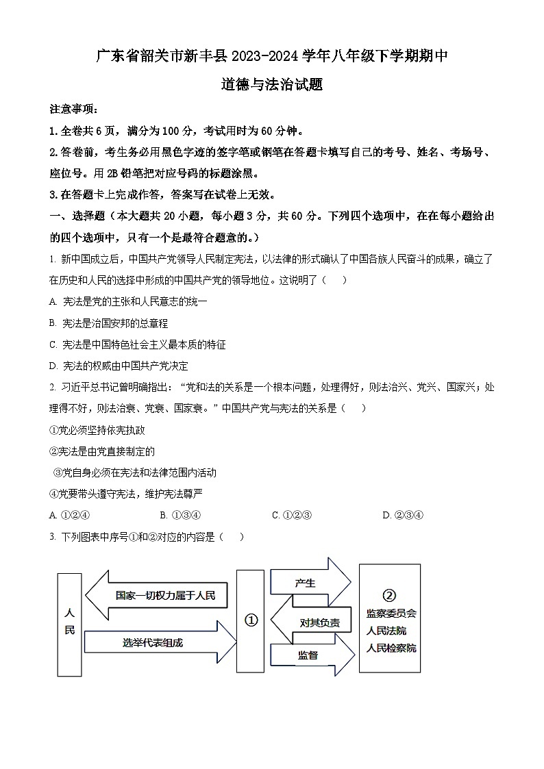 广东省韶关市新丰县2023-2024学年八年级下学期期中道德与法治试题(原卷版+解析版)01