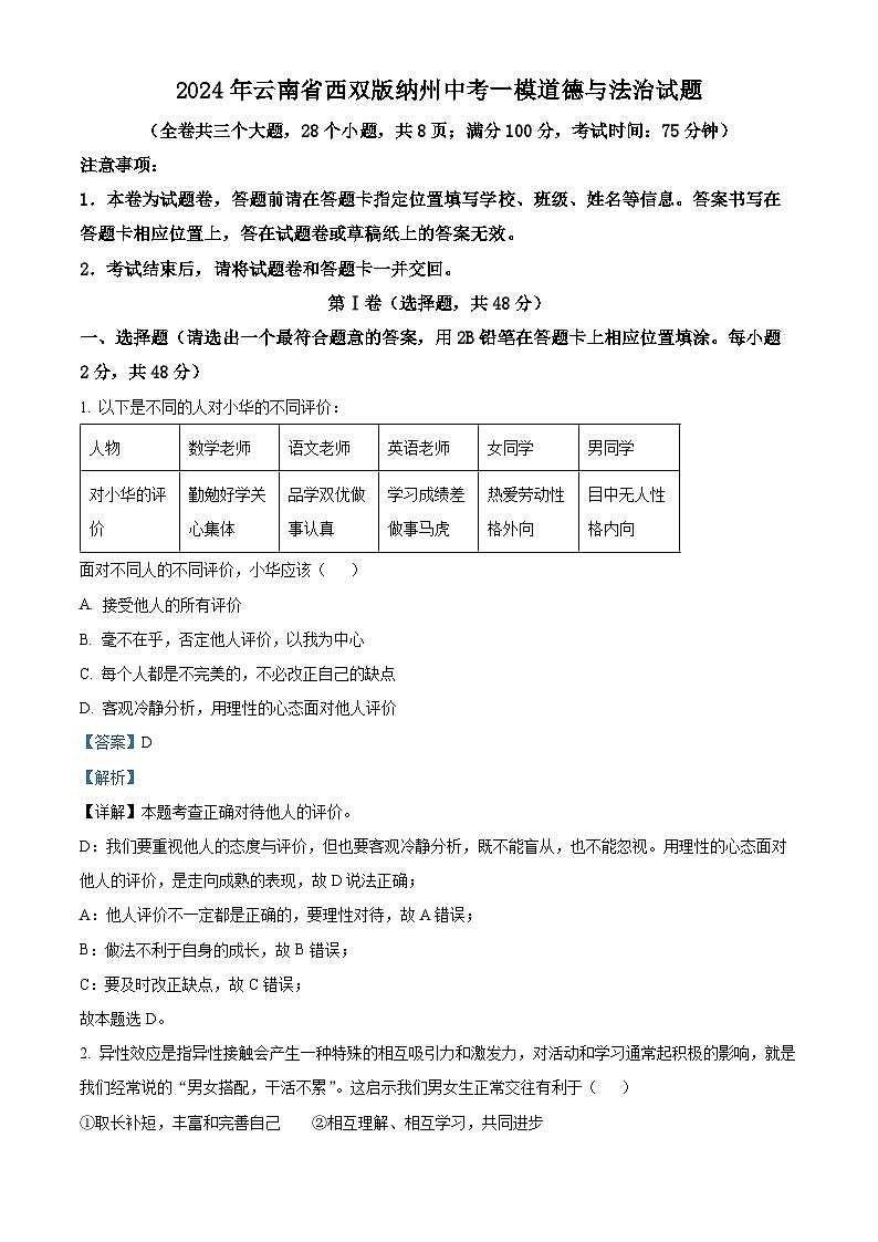2024年云南省西双版纳州中考一模道德与法治试题(解析版)第1页
