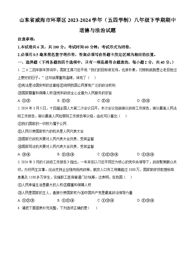 山东省威海市环翠区2023-2024学年(五四学制)八年级下学期期中道德与法治试题(原卷版)第1页