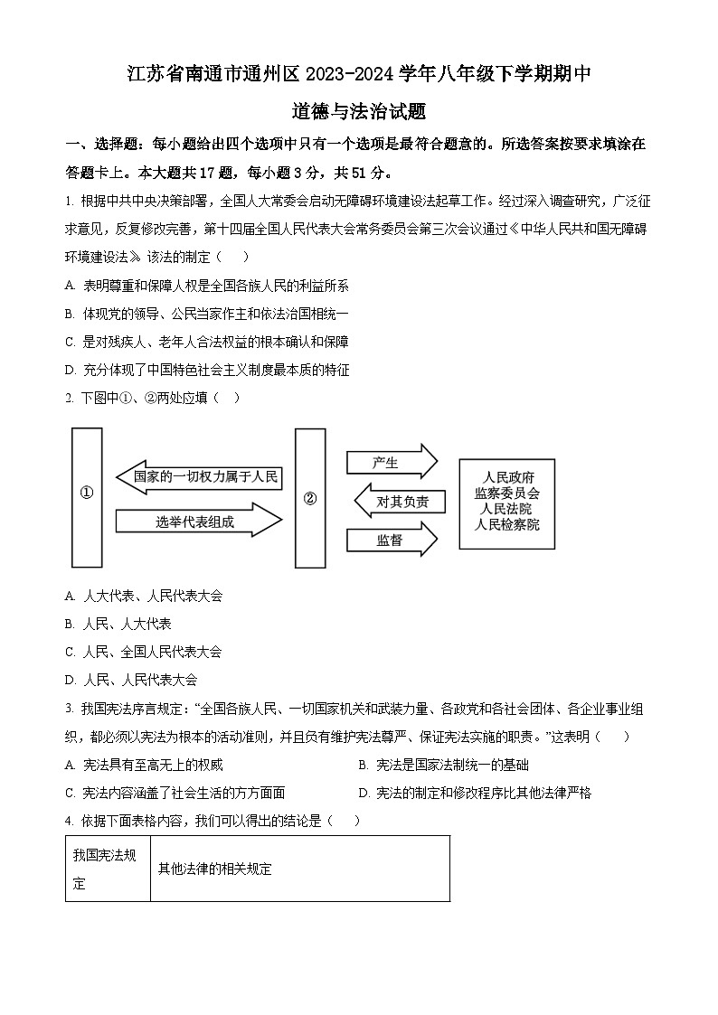 江苏省南通市通州区2023-2024学年八年级下学期期中道德与法治试题(原卷版)第1页