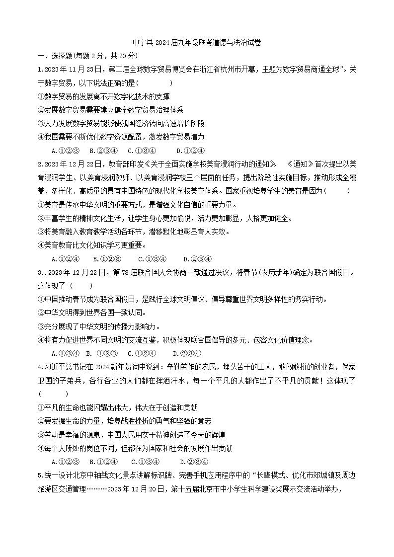 2024年宁夏回族自治区中卫市中宁县中考一模道德与法治试题01