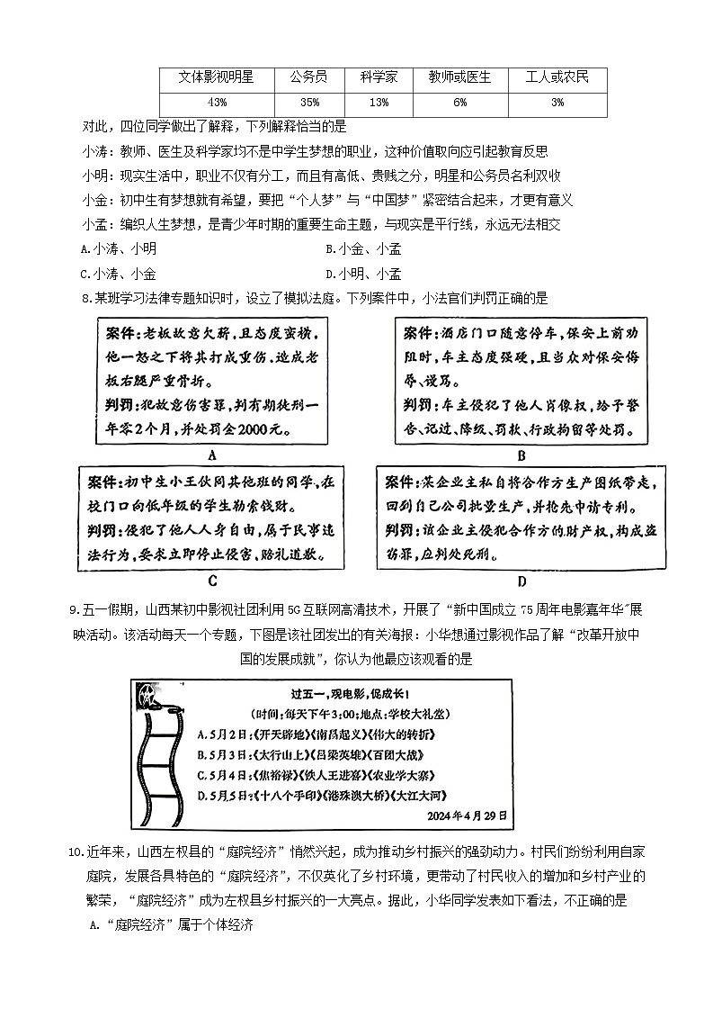 2024年山西省阳泉市盂县多校中考第三次模拟道德与法治试卷03