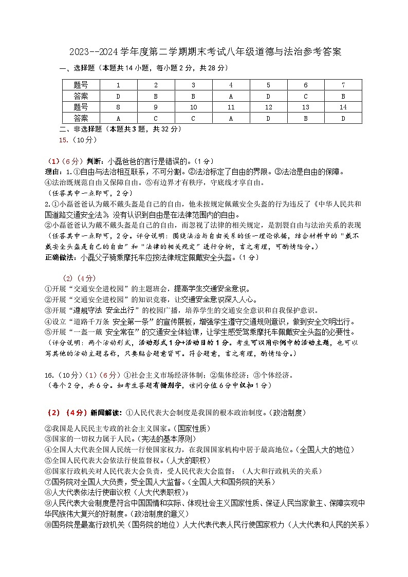 武汉市经开区2023-2024学年下学期八年级道德与法治期末考试卷答案第1页