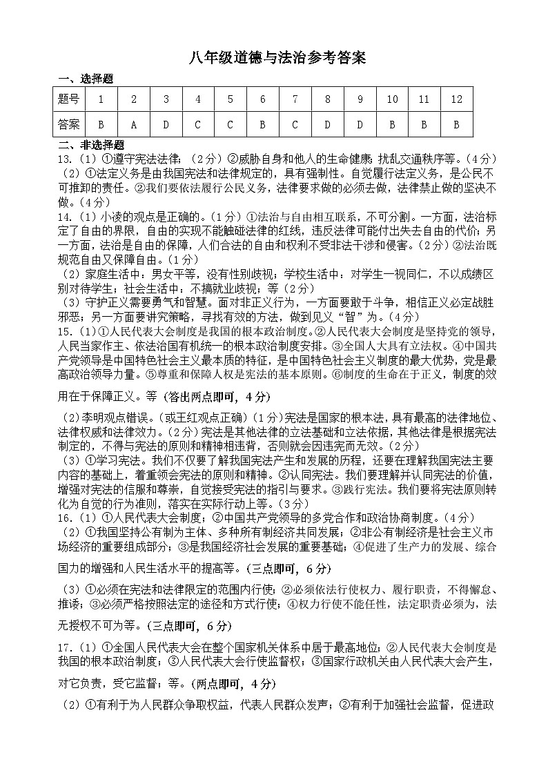 八年级道德与法治参考答案第1页