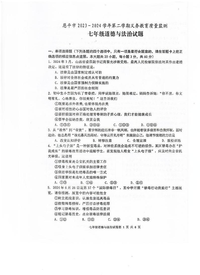 广东省江门市恩平市2023-2024学年七年级下学期期末检测道德与法治试卷第1页
