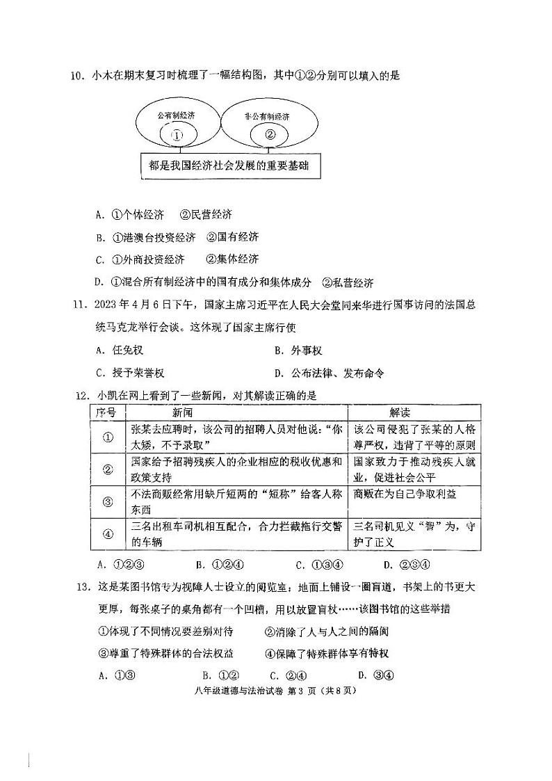 辽宁省铁岭市铁岭县 2023-2024学年八年级下学期7月期末道德与法治试题03