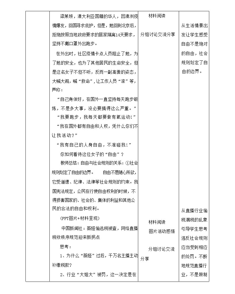 3.2遵守规则 表格式教学设计-2024-2025学年八年级道德与法治上册(统编版)02