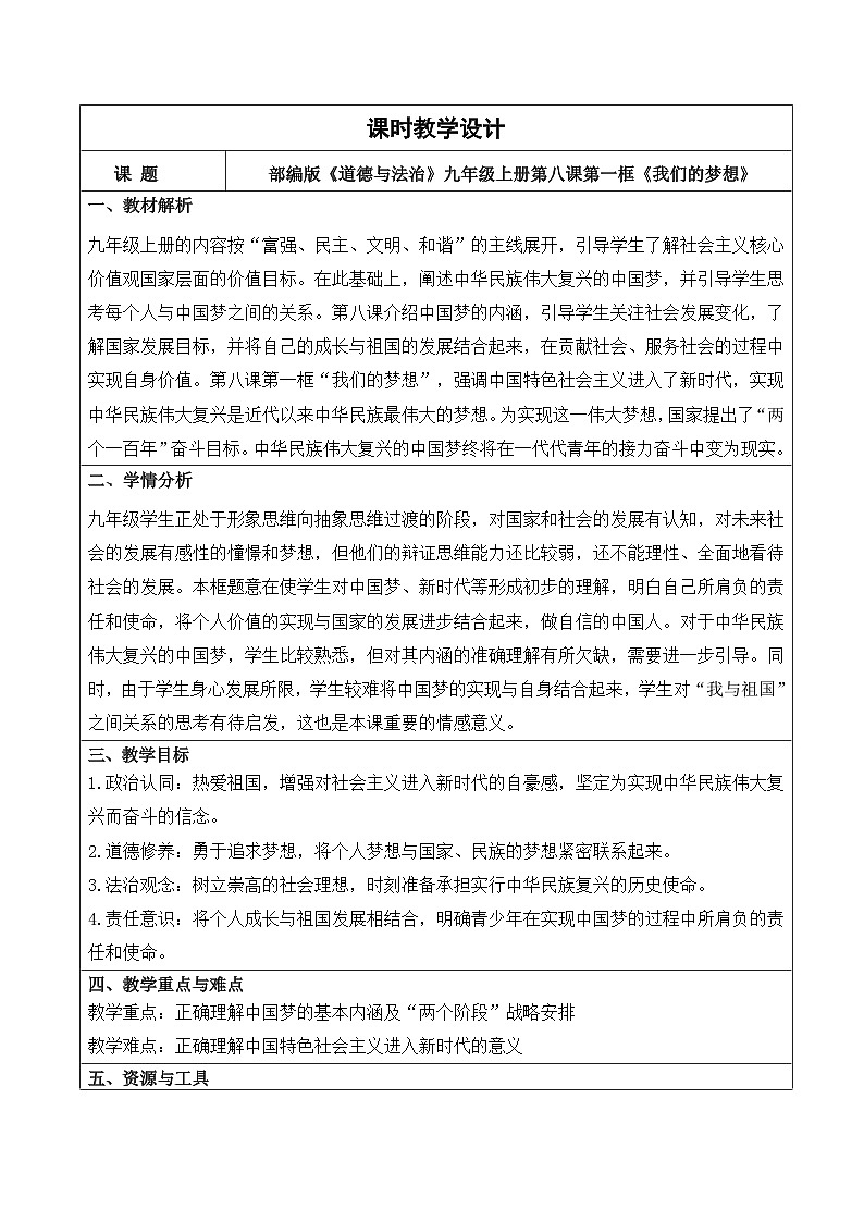 【新课标核心素养】道德与法治九年级上册8.1我们的梦想(课件+同步教案+素材)01