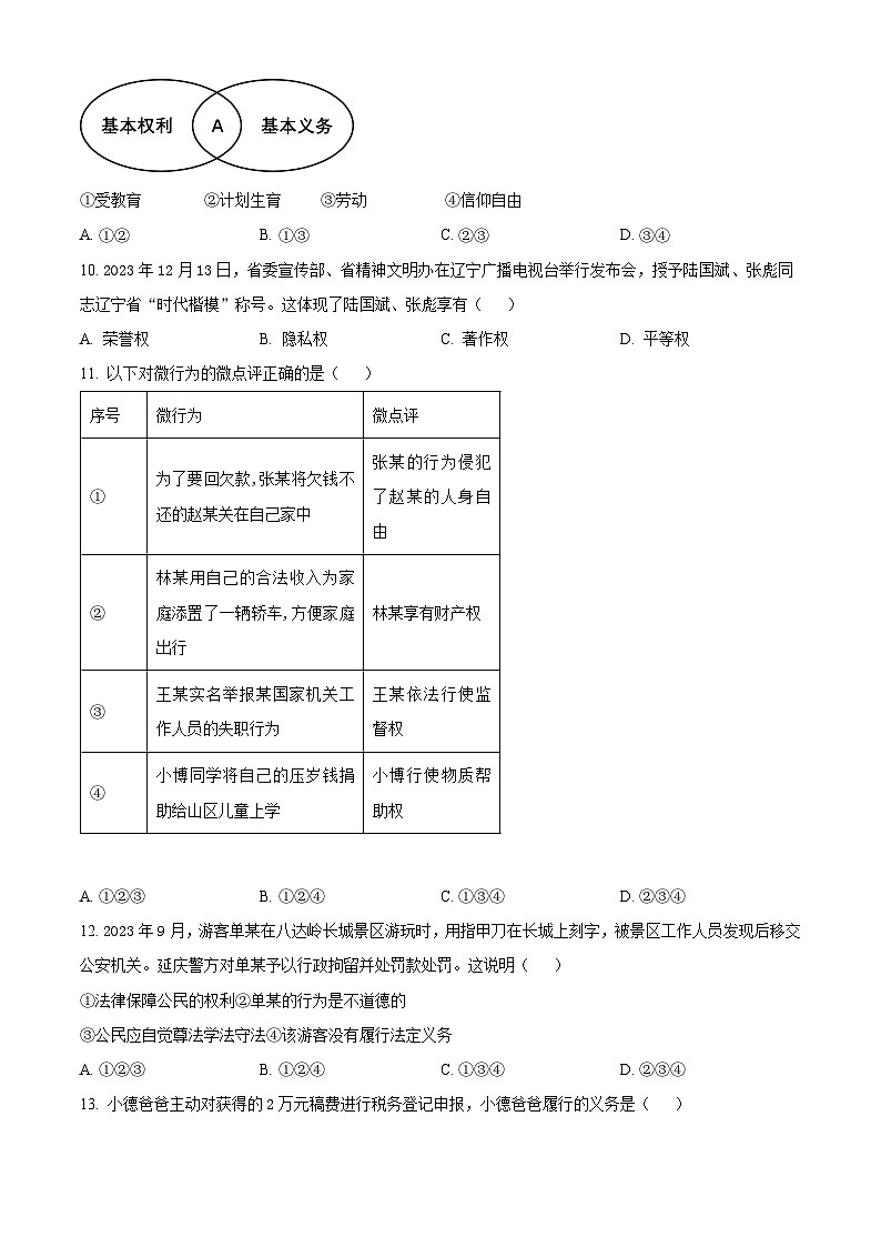 辽宁省沈阳市于洪区2023-2024学年八年级下学期期中道德与法治试题(原卷版)第3页