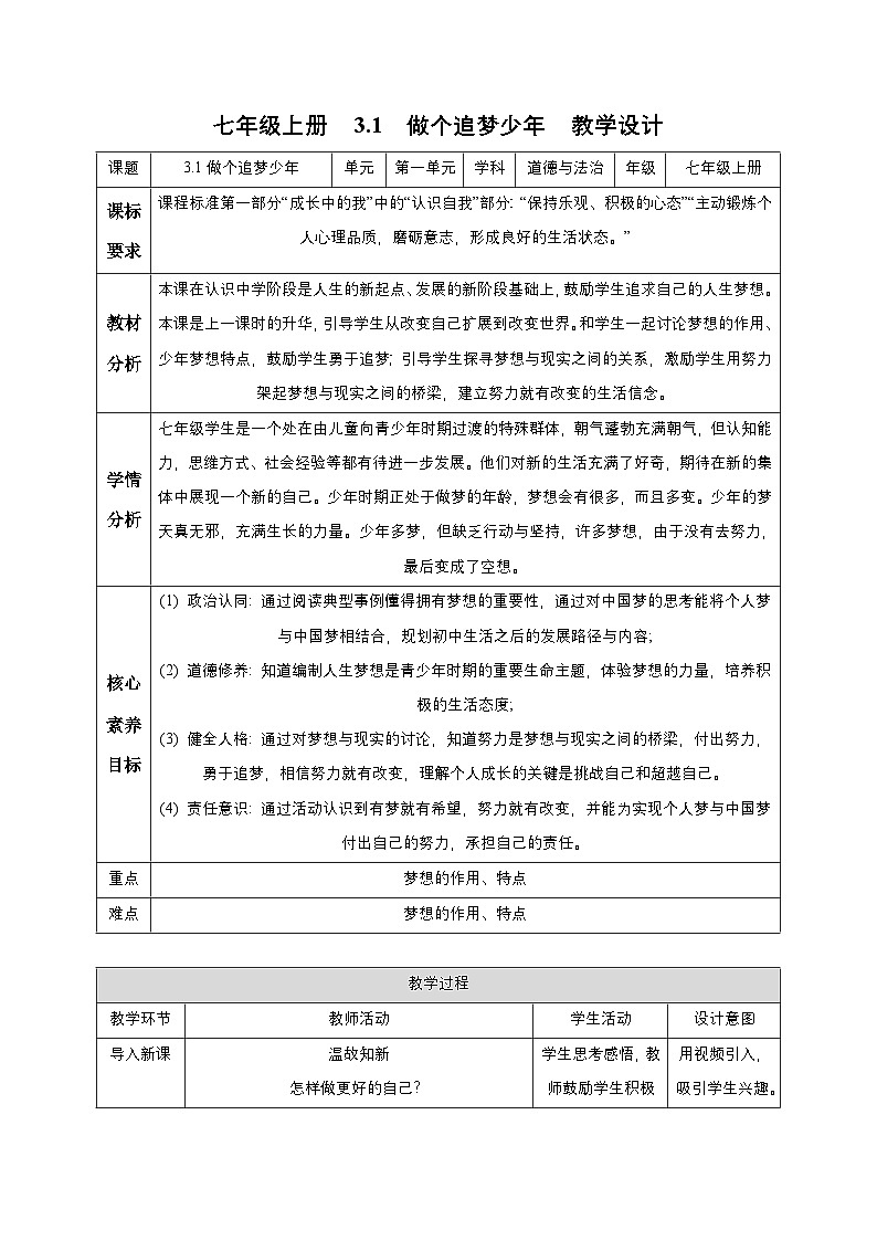 【人教版】七上政治 3.1 做个追梦少年(课件+教案+练习+导学案+视频)01