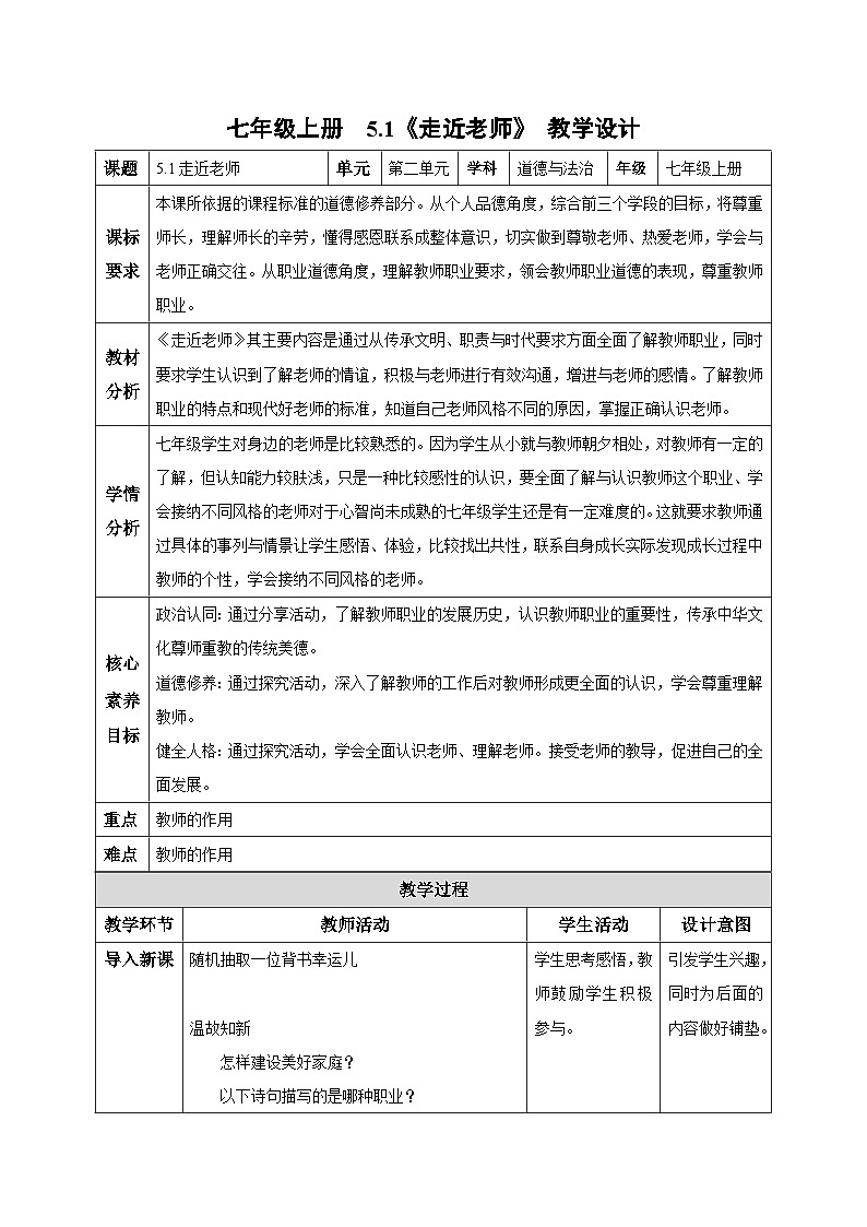 【人教版】七上政治 5.1 走进老师(课件+教案+练习+导学案+视频)01