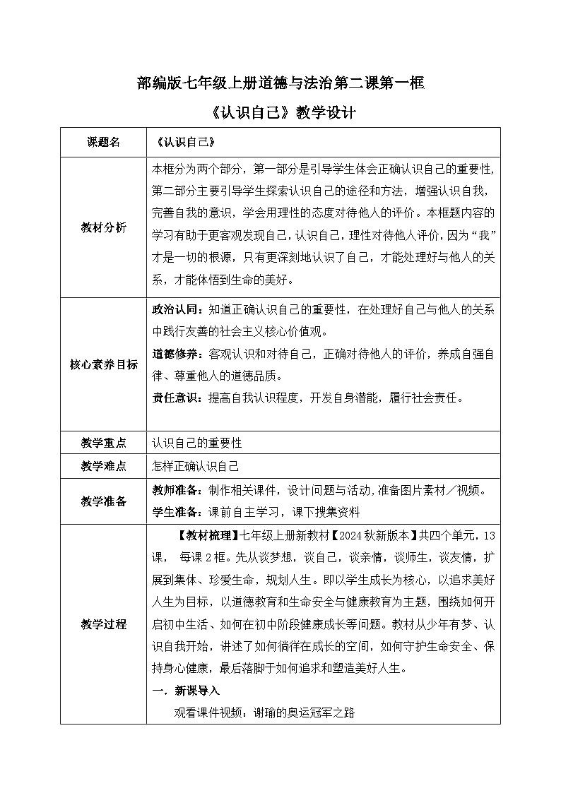 2.1《 认识自己》2024-2025学年七年级道德与法治课件+教案01