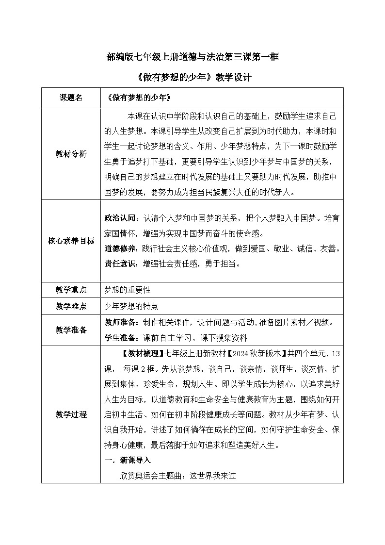 3.1《做有梦想的少年》2024-2025学年七年级道德与法治课件+教案01