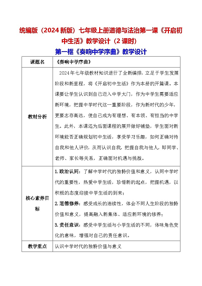 统编版(2024新版)七年级上册道德与法治第一课《开启初中生活》教学设计(2课时)01