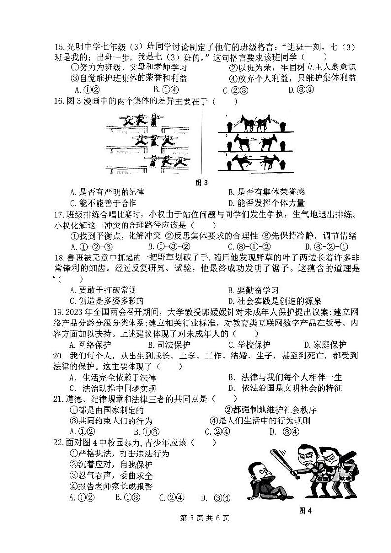 福建省泉州市丰泽区2022-2023学年七年级下学期期末学业质量监测道德与法治试题第3页